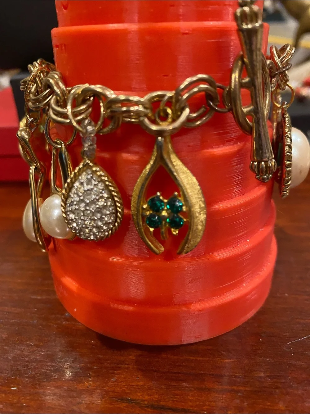 Repurposed Gold-Tone Pearl Charm Bracelet - Elegant Women’s Jewelry